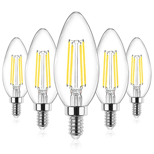 Ascher E12 Candelabra LED Light Bulbs 60 Watt Equivalent, 550 Lumen, Daylight White 5000K, Clear LED Filament Candle Bulbs, Non-Dimmable, Pack of 5