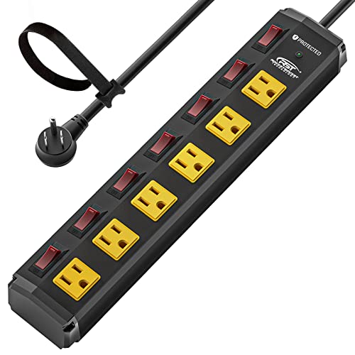 CRST 6 Outlet Heavy Duty Power Strip with Individual Switches, 15A/1875W Moutable Metal Power Strip Surge Protector with Circuit Breaker (1200 Joules), 6 FT 14AWG Extension Cord