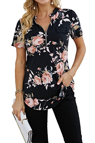 Ninedaily Womens Tops and Blouse,Spring 2024 Fashion Gifts Mother's Day Woman Mom Wear Shirts Notch V Neck Summer Basic Undergarment Daily Layered Pullover Night-Out Soft Comfort Black Floral Size L