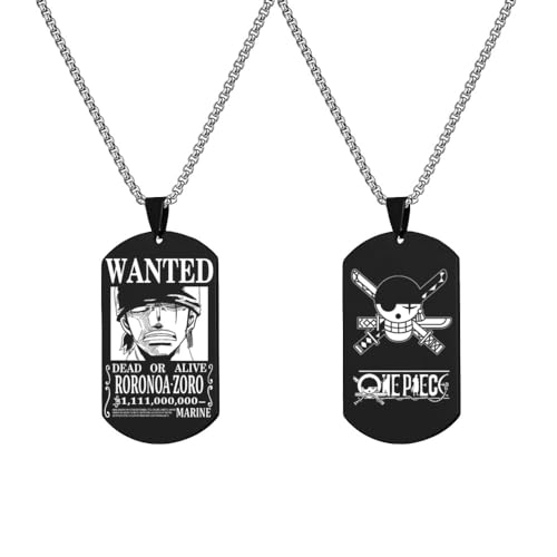 Batustou Anime One Piece Luffy Roronoa Zoro Latest Wanted Poster Pendant Necklaces Stainless Steel Chain for Men Boys Party Gifts Dog Tag (Roronoa Zoro)