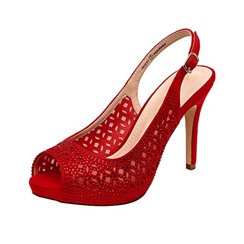 DREAM PAIRS Women's Invest High Heels Platform Sexy Dress Rhinestones Peep Toe Pumps Shoes, Red Suede, Size 9