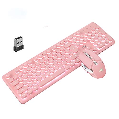 Gaming Keyboard and Mouse,Soke-Six 2.4G Wireless Retro Punk Typewriter-Style Backlit Keyboard Mice Combo,4800mAh Battery,Mechanical Feel,Anti-ghosting,Crystal Panel Round Keycaps (Pink+White Light)