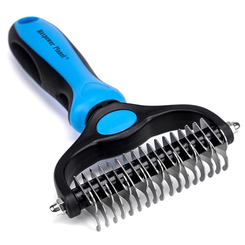 Maxpower Planet Pet Grooming Rake - Double Sided Shedding, Dematting Undercoat Rake for Dogs, Cats - Extra Wide Dog Grooming Brush, Dog Brush for Shedding, Cat Brush, Reduce Shedding by 95%, Blue