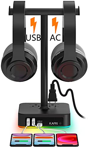 KAFRI RGB Dual Headphone Stand with USB C Charger Desk Gaming Double Headset Holder Hanger Rack with 3 USB Charging Port and 2 Outlet - Suitable for Gamer Desktop Table Game Earphone Accessories Gift
