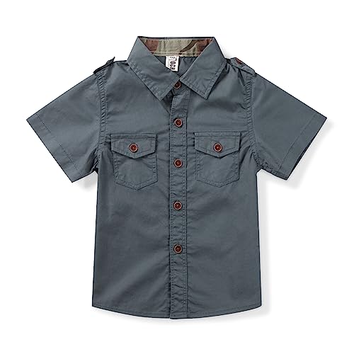 Lartaread Boys Button Down Short Sleeve Shirts Cotton Lightweight Casual Shirts Tops Two Pockets Dark Grey-160-10-11 Years