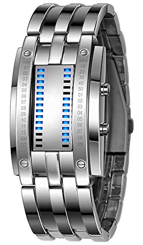 Gosasa Mens Binary Matrix Digital Watch Blue LED Classic Black Plated Bracelet Business Casual Waterproof Stainless Steel Watches (C Silver)