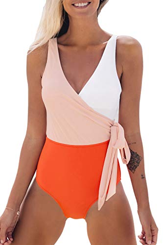 CUPSHE Women's Orange White Bowknot Bathing Suit Padded One Piece Swimsuit, S