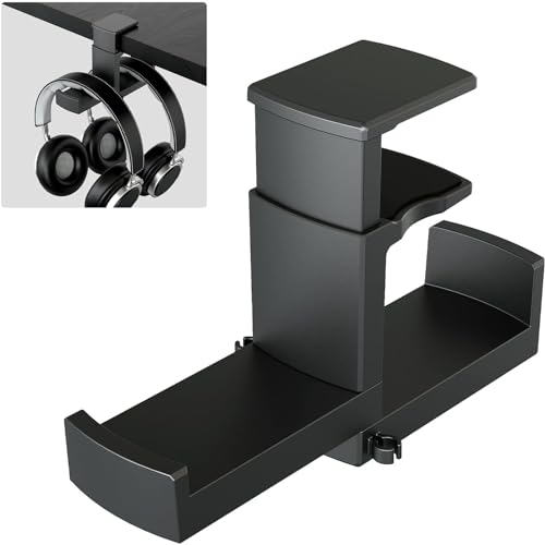 Dual Headphone Stand Holder - EURPMASK 2 in 1 PC Gaming Headset Hooks, 360 Degree Rotating Headphone Hanger with Adjustable Clamp & Cable Clip Organizer, Headset Mount Under Desk Earphone Clamp-Black