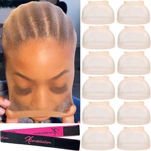 Xconstellation HD Wig Cap 12 Pcs Wig Caps For Women Transparent Wig Cap For Lace Front Wig Invisible Stocking Caps Sheer Wig Cap with Elastic Wig Band Set Wig Accessories（12 HD Wig Caps+1 Wig Band）