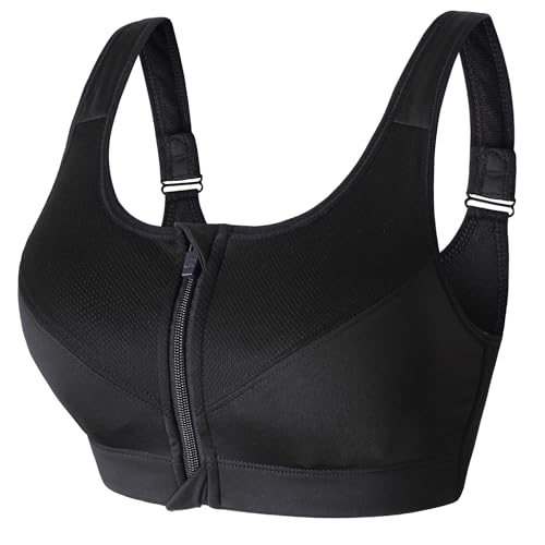 newlashua Plus Size High Support Zip Front Closure Sports Bras for Women Impact Adjustable Workout Clothing 6XL Black