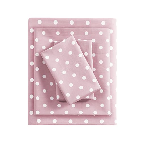 Mi Zone Pink Full Size Sheet Sets Kids Polka Dot Sheets for Girls 100% Cotton Percale Soft Sheet Set, Flat Sheet, Fitted Sheet, Pillowcase, Breathable All Season Bed Set, Fits up to 14' Mattress