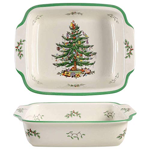Spode Christmas Tree Rectangular Handled Dish | 9 by 12 Inch Baking and Serving Dish for Meat, Lasagna, and Stews | Made of Earthenware with Christmas Tree Design