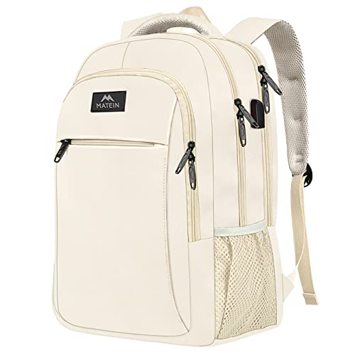 MATEIN Beige Laptop Backpack 15.6 Inch, Lightweight Sturdy Bag for College Supplies with USB Charging Port, Water Resistant Anti Theft Travel Computer Daypack Fashion Work Nurse Bag Gift for Women
