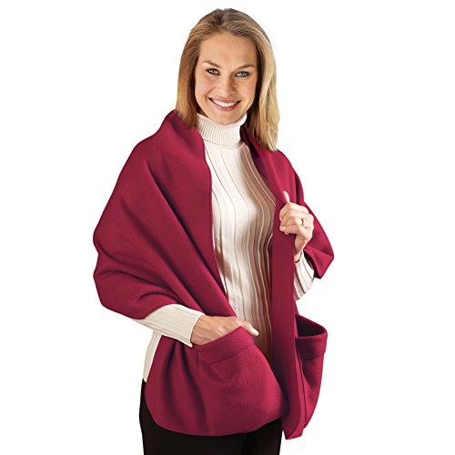 Collections Etc Cozy Fleece Wrap Shawl With Large Front Pockets - Keeps Hands and Shoulders Warm During Cold Winter Season, Burgundy