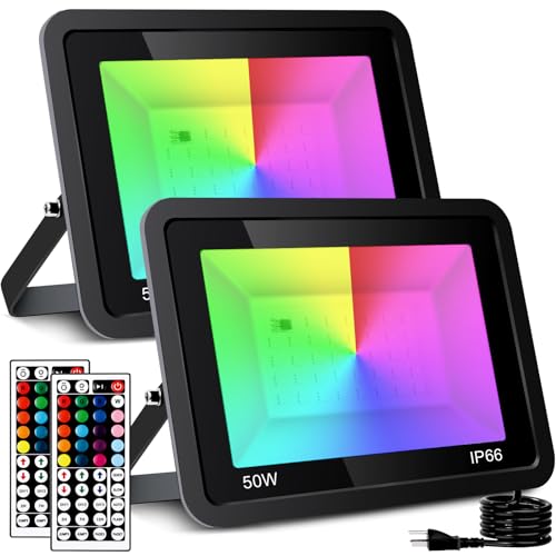LKXDOV RGB LED Flood Light, 500W Equivalent 5000LM Color Changing Party Stage Landscape Lighting with 44-Key Remote Control, IP66 Waterproof DIY Scenes Timing Uplights Indoor Outdoor (2 Pack)