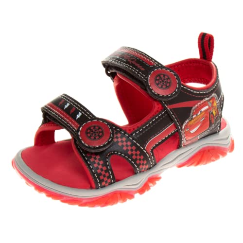 Disney Cars Sandals LED LightUp Adjustable Strap Open Toe - Kids Boys Lightning McQueen Slides Water Shoes - Black Red (size 9 Toddler)