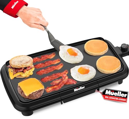 Mueller HealthyBites 20-inch Electric Griddle, Cool-Touch Handles, Slide-Out Drip Tray for Breakfast Pancakes, Burgers, and Eggs, Eco-Friendly Pancake Grill, 10 Eggs at Once, Nonstick & Teflon-Free