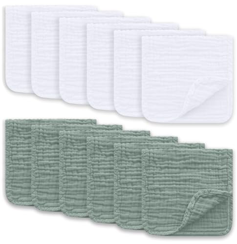 Ease Cubs Muslin Burp Cloths Large 100% Cotton Hand Washcloths for Boys & Girls, Baby Essentials Extra Absorbent and Soft Burping Rags for Newborn Registry (White & Green, 12-Pack, 20' X10')