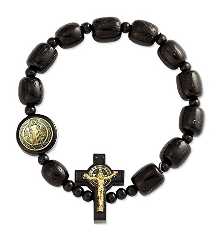 Catholica Shop Catholic Religious Wear Elasticated Saint Benedict Wooden Beads Decade Rosary Stretchable Bracelet for Men and Women - Black