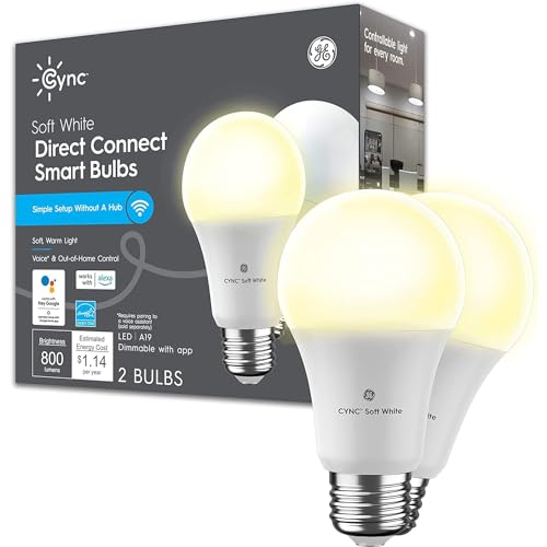 GE CYNC A19 Smart LED Light Bulbs, Soft White, Bluetooth and WiFi Light Bulbs, 60W Equivalent, Work with Amazon Alexa and Google Home (2 Pack)