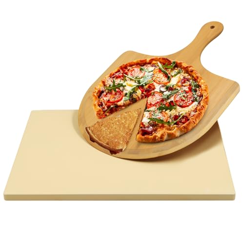 Augosta Pizza Stone for Oven and Grill, Free Wooden Pizza Peel paddle, Durable and Safe Baking Stone for grill, Thermal Shock Resistant cooking stone, 15 x 12 Inch