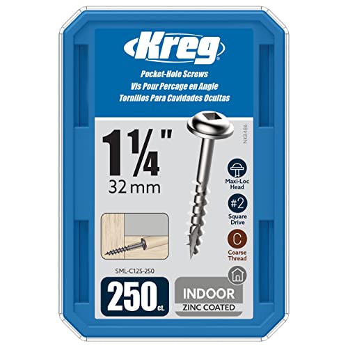 Kreg SML-C125-250 Zinc Pocket Screw - 1 1/4 Inch #8 Coarse Thread - Maxi-Loc Head - 250 Count
