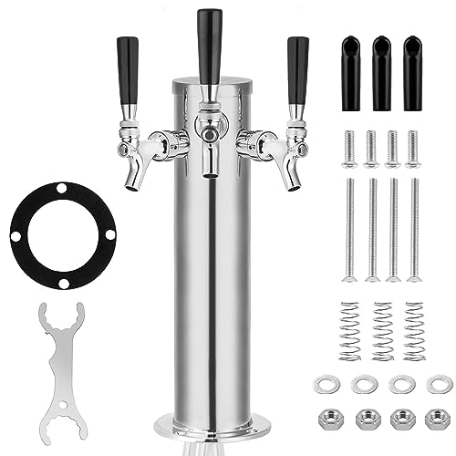 TMCRAFT Triple Faucet Draft Beer Tower Dispenser, Polished Stainless Steel Beer Tower Dispenser Kit with Pre-Assembled Tubing and Self-Closing Faucet Shanks for Parties, Bars, Pubs, and Restaurants