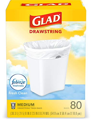 Glad Trash Bags, Medium Kitchen Drawstring Trash Bags 8 Gallon White Trash Bag, Fresh Clean Scent, 80 Count
