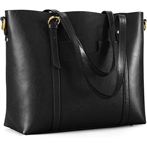 Kattee Genuine Leather Women Tote Bag Soft Handbags Vintage Shoulder Purses Fashion Top Handle Bag Large Capacity (Black)