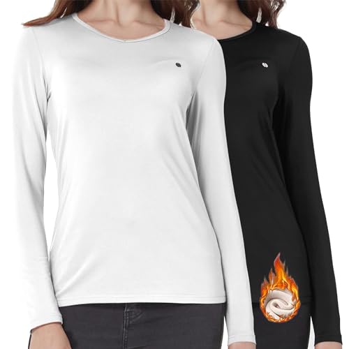 SSLR 2 Pack Women's Thermal Underwear Tops, Long Sleeve Thermal Shirt Women V Neck Basic Layering Fleece (Medium, Black & White)