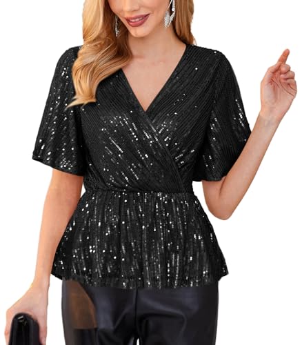 Sparkly Tops for Women Shimmer Glitter Party Blouse Wrap V Neck Short Sleeve Ruffle Hem Peplum Top Black XL