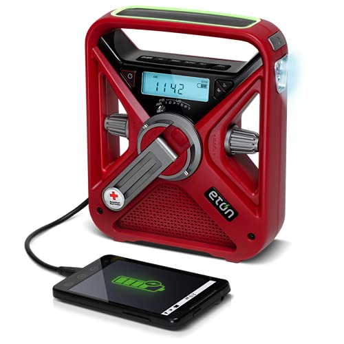 Eton - American Red Cross FRX3+ Emergency NOAA Weather Radio, Red, Digital Display, Hand Turbine, Solar Power, Red LED Flashing Beacon, 7 NOAA/Environment Canada Weather Bands, Phone Charger