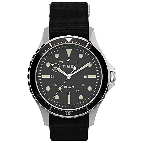 Timex Men's Navi XL 41mm Watch – Stainless Steel Case Black Dial with Black Fabric Slip-Thru Strap
