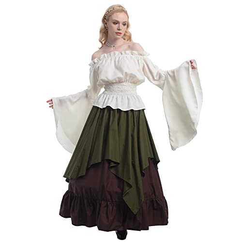CR ROLECOS Renaissance Costume Women Medieval Peasant Dress Trumpet Sleeve Victorian Ren Faire Shirt and Skirt Army Green M