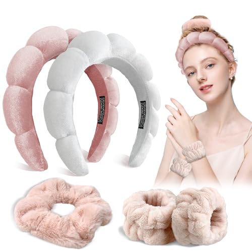 ApaLux 5pcs Spa Headband for Washing Face Wristband Scrunchie Set, 2PCS Makeup Skincare Bubble Facial Headband 2PCS Absorbent Washband and 1PCS Shower Scrunchie Comb (Pink & White)