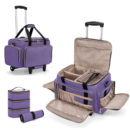 LUXJA Rolling Makeup Case with 3 Removable Pouches and 1 Makeup Brush Bag, Large Makeup Bag Cosmetic Bag with Detachable Dolly (Patented), Purple