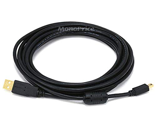 Monoprice USB 2.0 Type-A Male to Mini-B 5pin Male Cable - With Ferrite Core, Gold Plated, 28/24AWG, 10 Feet, Black