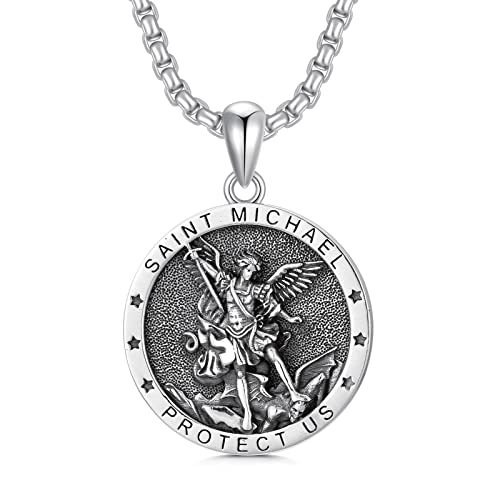 Seiyang St Michael Necklace for Men 925 Sterling Silver Round Saint Archangel Michael Medal Medallion Protection Jewelry