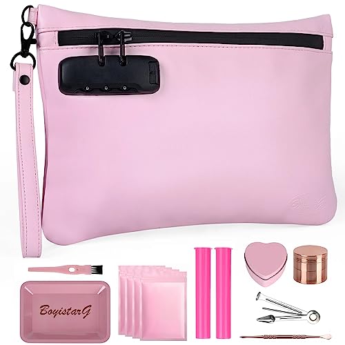BOYISTARG PU Leather Gift Smell Proof Storage Bags with 8 Items - Waterproof Large Smell Proof Pouch with Combination Lock - Travel Storage Case for Women or Men -Pink