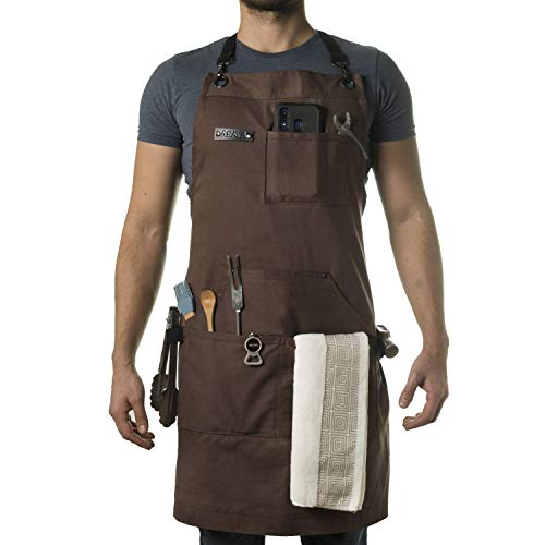 Asaya Chef, BBQ and Work Apron with Bottle Opener and Hand Towel - Durable 10oz Cotton Canvas, Brass Hardware and Cross Back Straps - For Men, Women, Grilling, and Cooking (Brown)