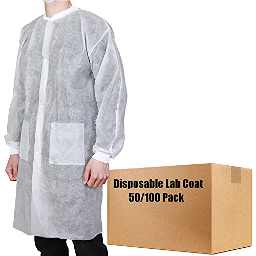 Greenour Disposable Lab Coats with Pockets for Adult Unisex White Coat, Knitted Collar and Cuffs Breathable Polypropylene (Case of 50, Large)