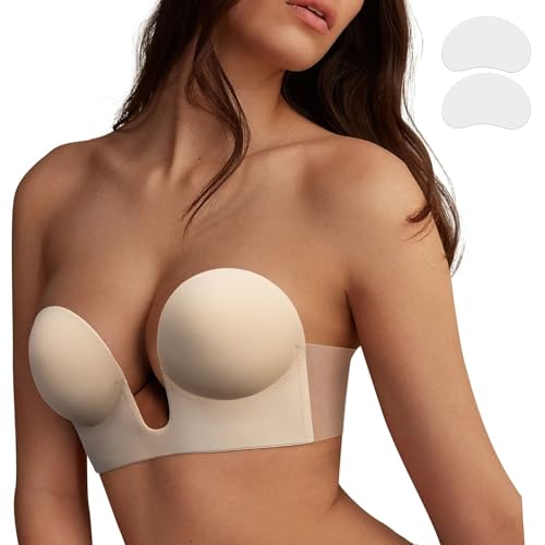 YODOOLTLY Plunge Sticky Bra Push Up,Invisible Adhesive Bras,Deep V Strapless No Show Bra Reusable for Backless Dress(Nude/Cup C)