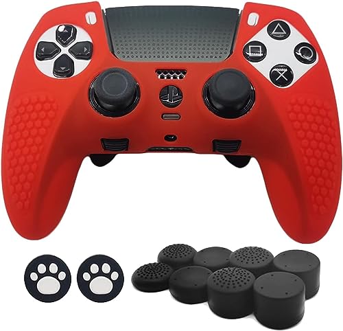 MOJOXR Controller Silicone Cover and Stick Caps for PS5 DualSense Edge Wireless Controller,Anti-Slip Protector Skin and 10 Thumb Grip Caps Accessories for Playstation5 Edge Controller (Red)