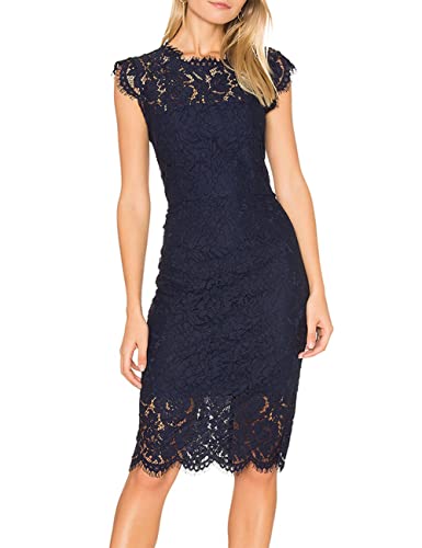 MEROKEETY Women's 2024 Lace Floral Midi Dresses Classic Elegant Party Dinner Photoshoot Dress, Navy, Large