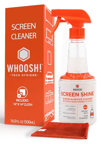 WHOOSH! TV Screen Cleaner - 16.9 fl oz + 1 Microfiber Cleaning Cloth - for TV, OLED, Car, Computer, Laptop, MacBook, iPad, iPhone, Camera, Touch Screen - Industrial Size Electronic Cleaner Kit