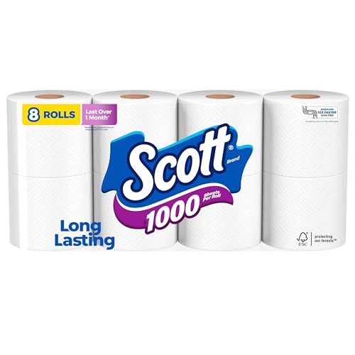 Scott 1000 Toilet Paper, 8 Rolls, Septic-Safe, 1-Ply Toilet Tissue