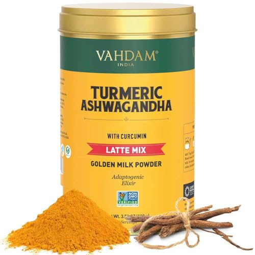 VAHDAM, Golden Milk Powder/Turmeric Ashwagandha Latte Mix (40 Cups) 3.53oz/100g | Caffeine-Free, Non GMO, Gluten Free | Brew Hot/Iced Tea Or Turmeric Latte