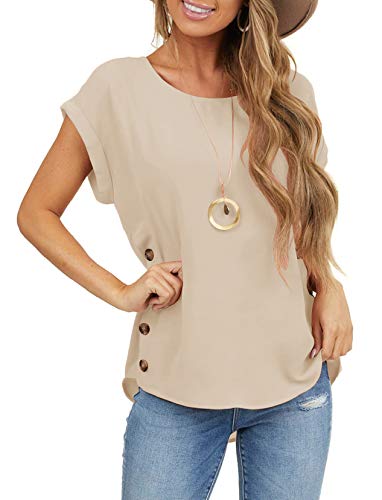 Limerose Women's Short Sleeve Tops Crew Neck Side Button Shirts Casual Loose Fit T-Shirt (Apricot, X-Large)