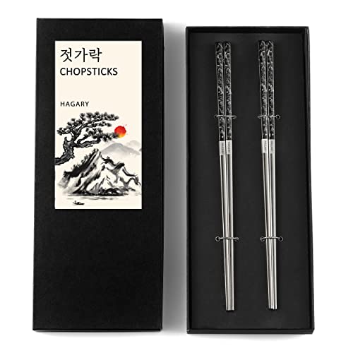 Hagary Mountain Black Chopsticks Metal Chopsticks Reusable Designed In Korea Japanese Style Stainless Steel 316 18/10 Non-Slip Dishwasher Safe (Black - 2 Pairs)