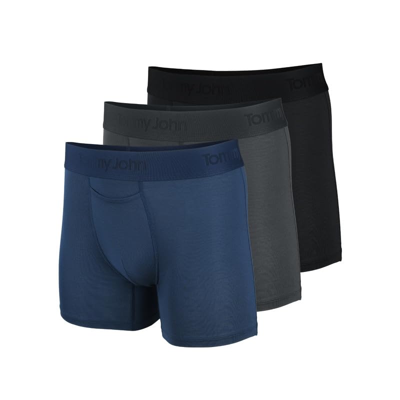 Tommy John Men’s Trunk 4” Underwear - Second Skin Boxers with Supportive Contour Pouch - Barely-there Stretch Fabric, 3 Pack (Black/Turbulence/Dress Blues, Medium)